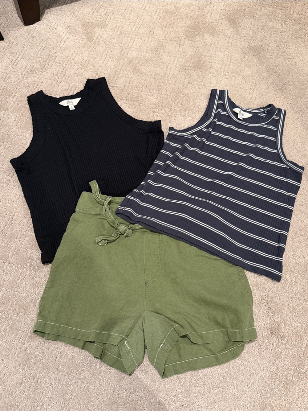 Kids 3-Piece Matching Set - Black & Navy Stripe Tanks with Olive Shorts